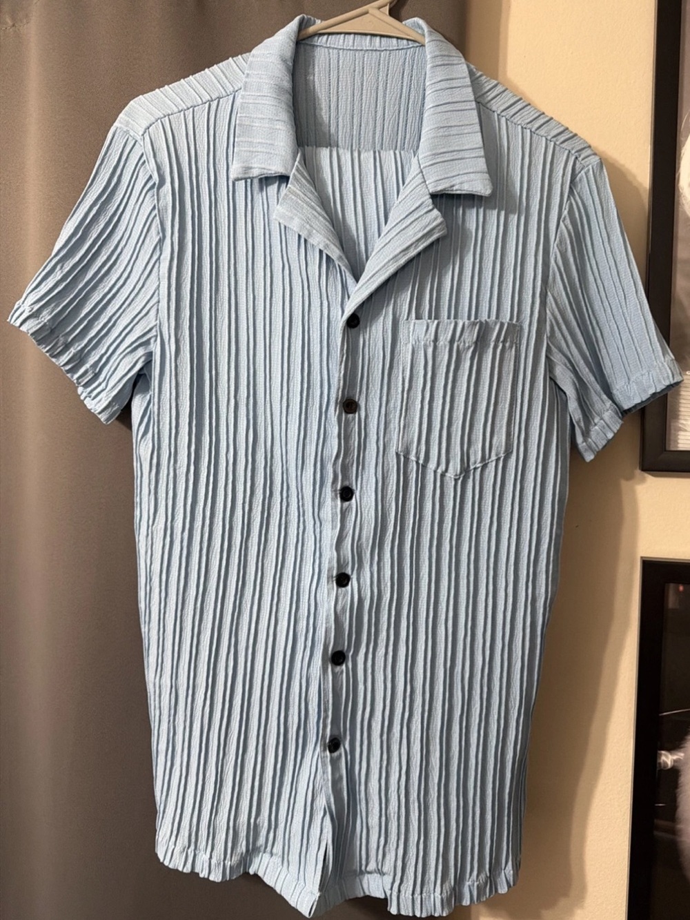 Men's Light Blue Short-Sleeve Textured Button-Down Shirt and Shorts Set